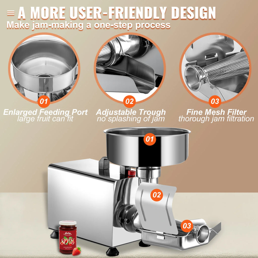SucceBuy Elektrischer Passierer für Tomaten, 370W, professioneller Tomaten-Entsafter aus Edelstahl, 90-160 kg/h