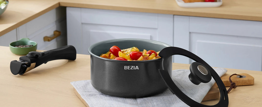 Bezia Induktionskochgeschirr mit gesunder Keramikbeschichtung, antihaftbeschichtetes Topf- und Pfannenset, 13-teilig, mit abnehmbaren Griffen