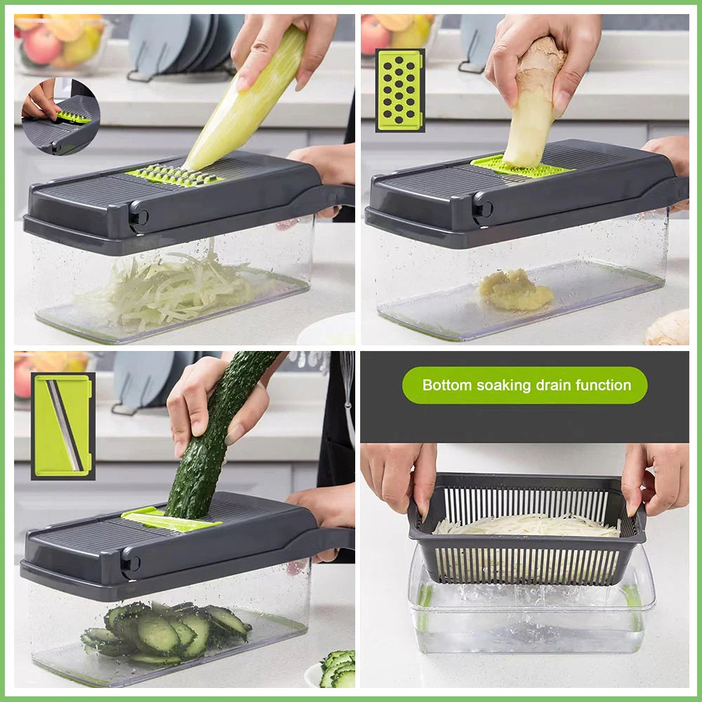 Multifunktionaler Gemüseschneider Würfelklingen, Slicer, Reibe, Schäler, Kartoffel- und Käseablaufreibe, Küchenwerkzeuge