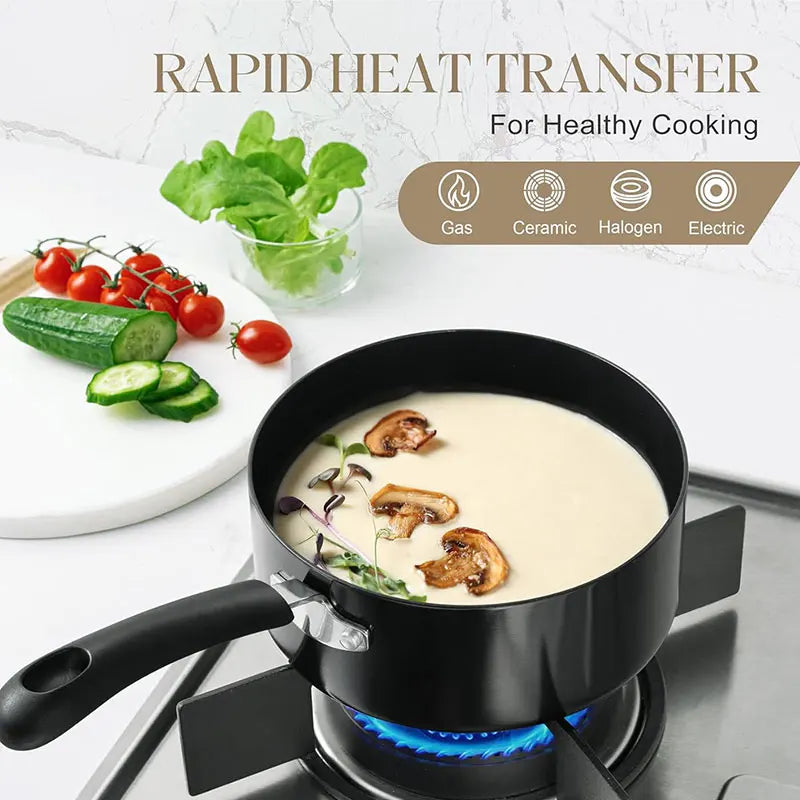 Set di pentole da cucina nere da 3 pezzi Set di pentole antiaderenti da 1QT, 2QT e 3QT Set di pentole per zuppe e latte con coperchio in vetro temperato