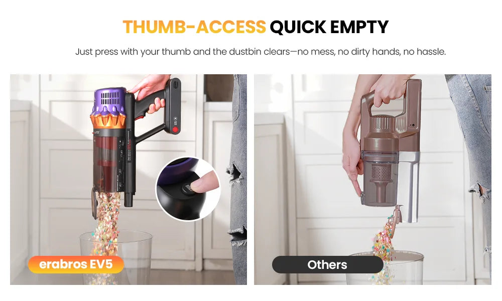 Erabros EV5 550W 70KPA Cordless Vacuum Cleaner with Ultra-Strong Suction Power, 80 Minutes Runtime, Smart Handheld Vacuum with 4 Modes
