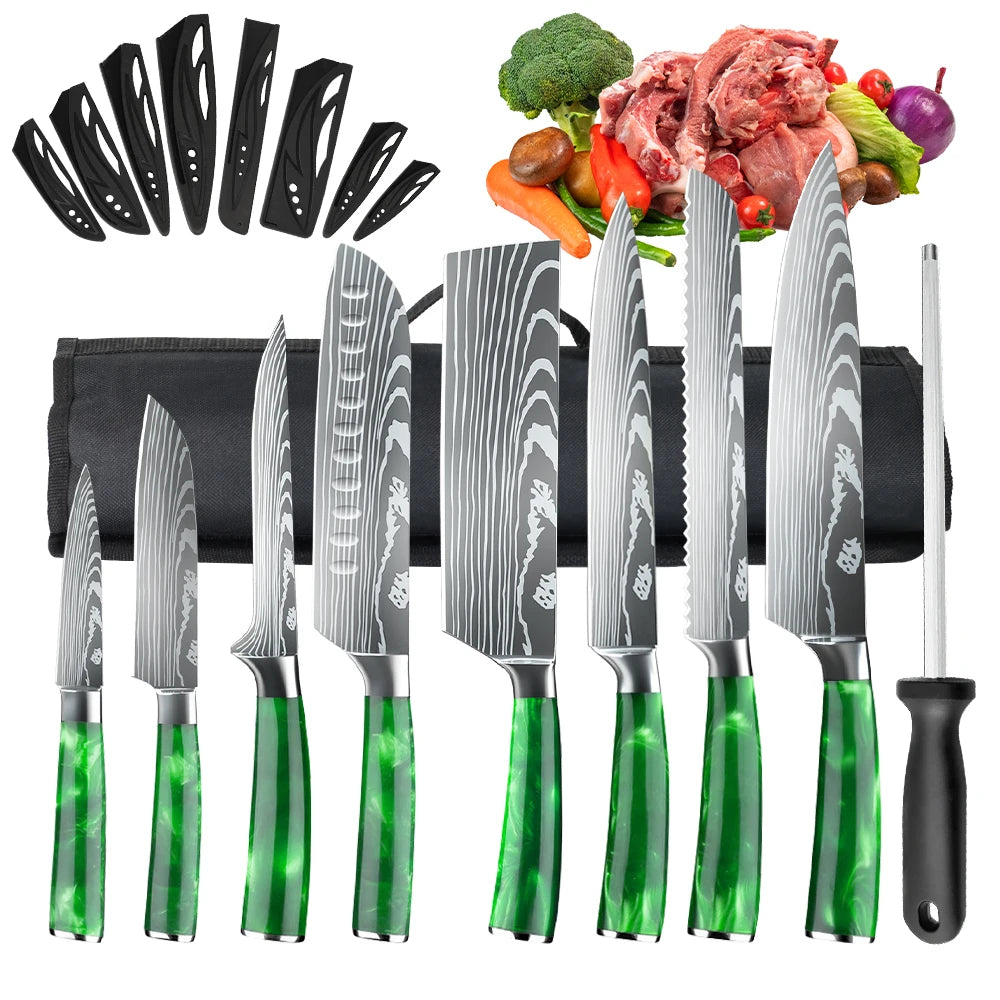 Set mit 8 scharfen und langlebigen ZENG Edelstahlmessern, mit grünem Harzgriff, tragbarer Nylontasche, Küchenutensilien für Zuhause und als Geschenk