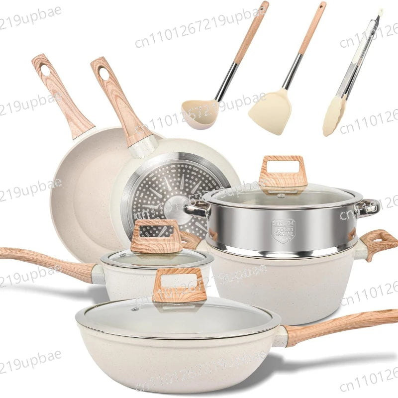 Set di Pentole da Cucina Essenziali, 12 Pezzi, Antiaderenti con Rivestimento in Granito e Compatibilità Universale con Sensori a Gas