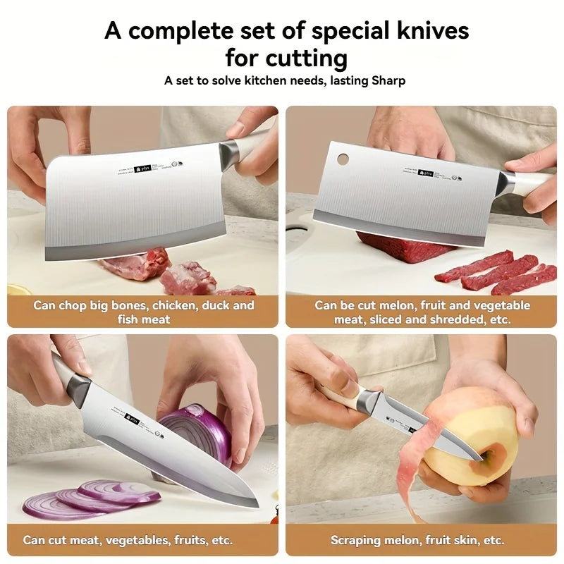 ￼   Messerset, 7-teiliges Küchenmesser-Set mit universellem PE-Messerblock, Messerblock-Set mit integriertem Schleifstein, beiges Küchenset