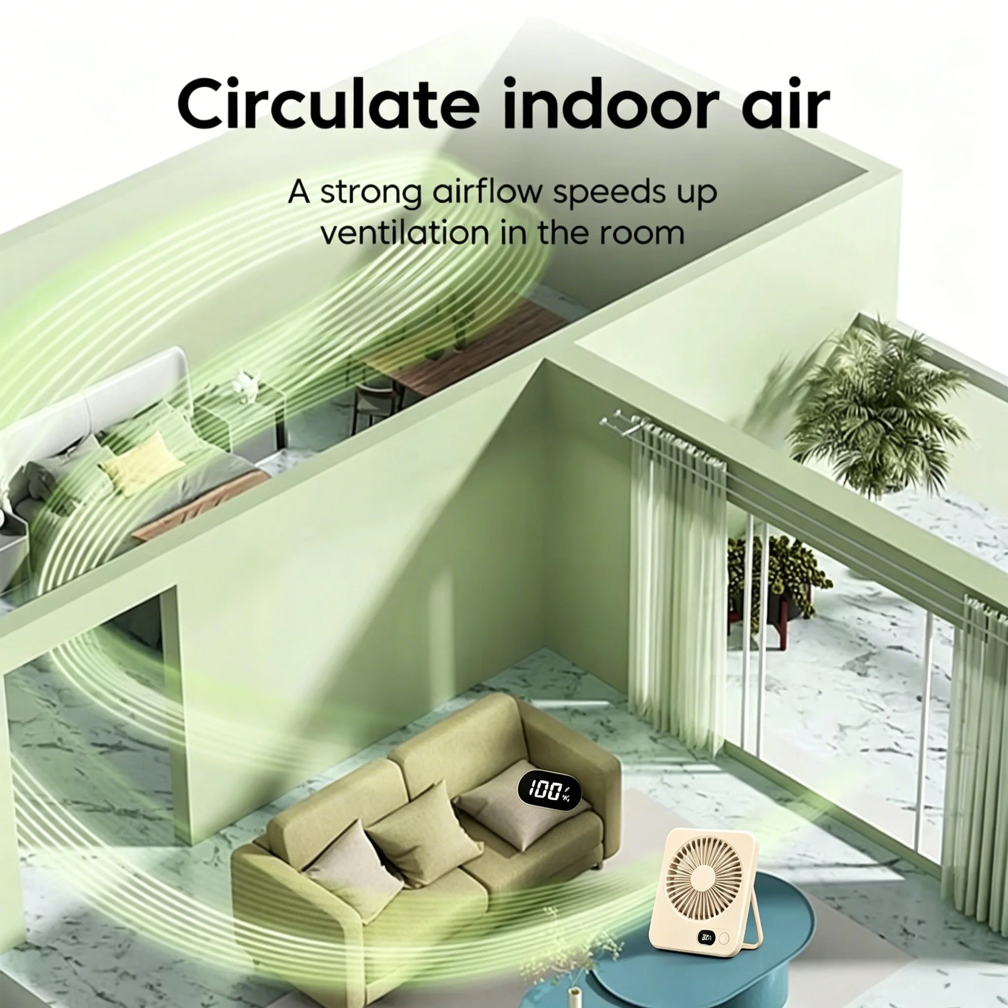 Ventilatore da Tavolo Portatile Beige 3000mAh 5 Velocità Silenzioso 45dB Ricaricabile Type-C 180° Indicatore LED della Batteria