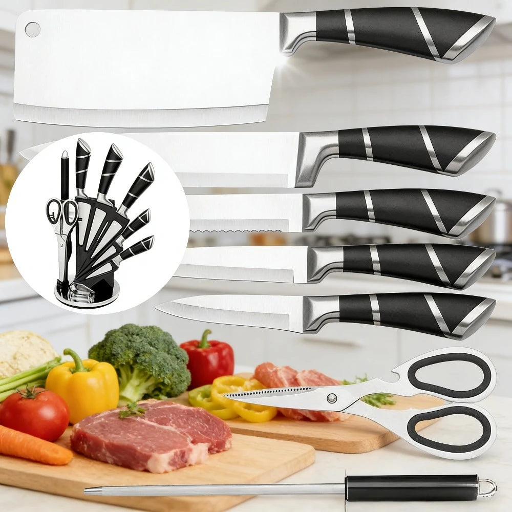 Set mit 9 schwarzen Küchenmessern mit hohlem Edelstahlgriff, scharf, langlebig, rostfrei, hohe Härte, mit Messerblock für zu Hause
