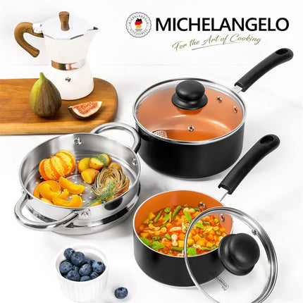 MICHELANGELO Pentole in alluminio con coperchio Piastra per cottura a vapore per uso domestico Multifunzionale Rivestimento in ceramica Pentola per il latte Utensili da cucina Lavabile in lavastoviglie