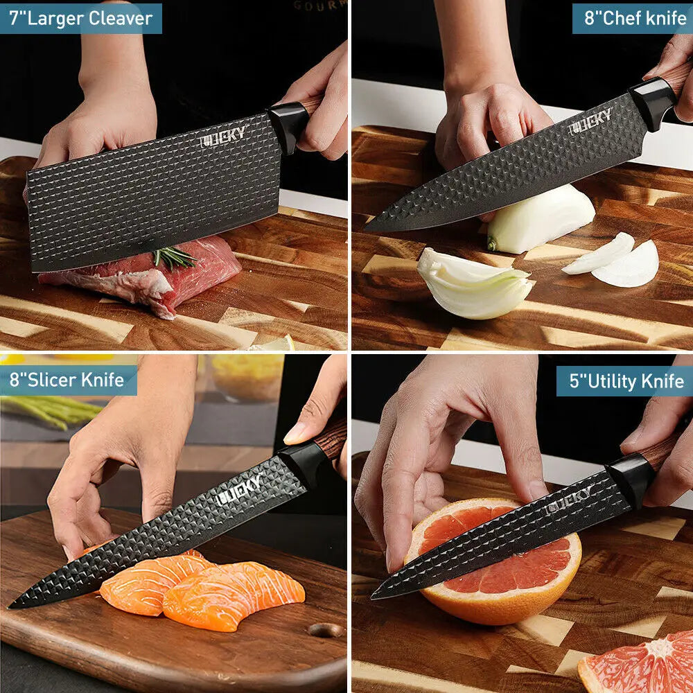 Set di 6 Coltelli da Cucina ZENG con Lame Affilate Antiaderenti, Manico Ergonomico in Legno, Set Completo per Cucinare e Tagliare