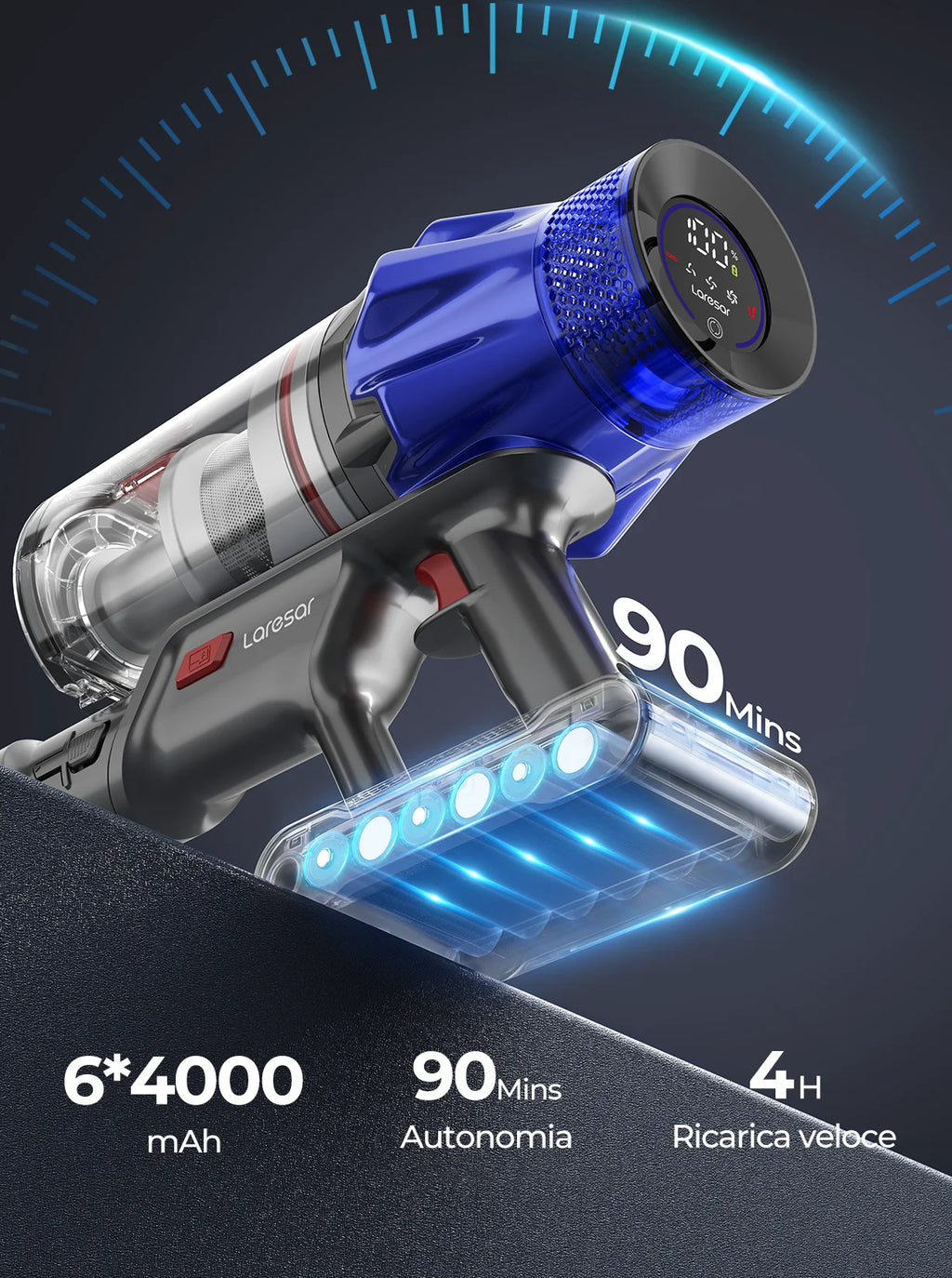 Aspirapolvere senza fili Laresar V7S 75000PA 650W, 90 minuti di autonomia, batteria rimovibile, display intelligente, elettrodomestico