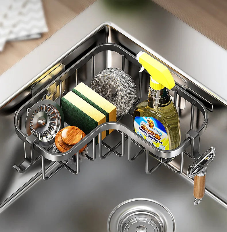 Scarico per lavello da cucina in acciaio al carbonio, portaoggetti per strofinaccio angolare montato a parete, senza perforazione, salvaspazio impermeabile