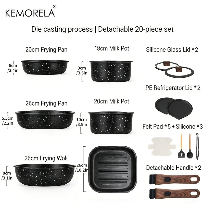 KEMORELA Set di Pentole Antiaderenti 20 Pezzi, Pentole e Padelle in Alluminio con Manici Staccabili, Compatibili con Induzione, Lavabili in Lavastoviglie e Adatte al Forno