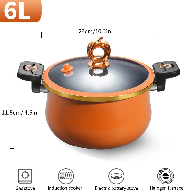 1 Stück Großer Suppentopf 26 cm/10 Zoll mit Drehverschlussgriff für schnelles Schmoren 6 Liter Schwarz Orange Rot Multifunktionaler Kochtopf für alle Herdarten geeignet