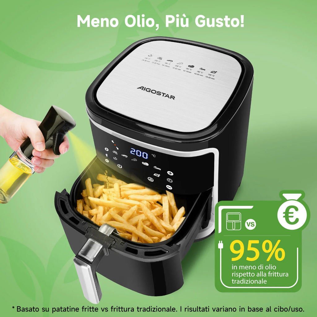 Aigostar Friggitrice ad aria 7 litri, 1900W, Nero, 7 programmi, Forno a convezione 360°