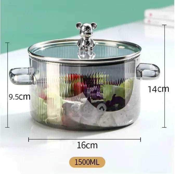 1500 ml transparenter Glastopf mit Doppelgriffen, Suppentopf mit Deckel, hitzebeständiges Kochgeschirr