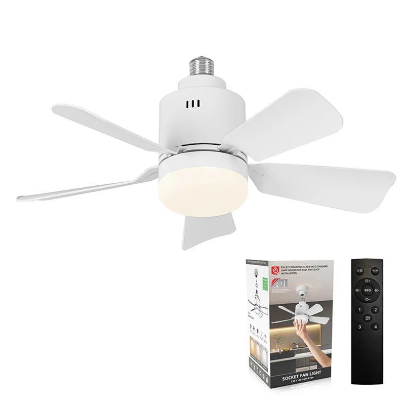 Ventilatore da soffitto E27 con luce, 4 velocita, 3 temperature di colore, telecomando, bianco/legno