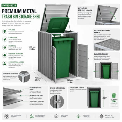 Waste bin on wheels in grey steel for single bin, with lid, for kitchen and outdoor use