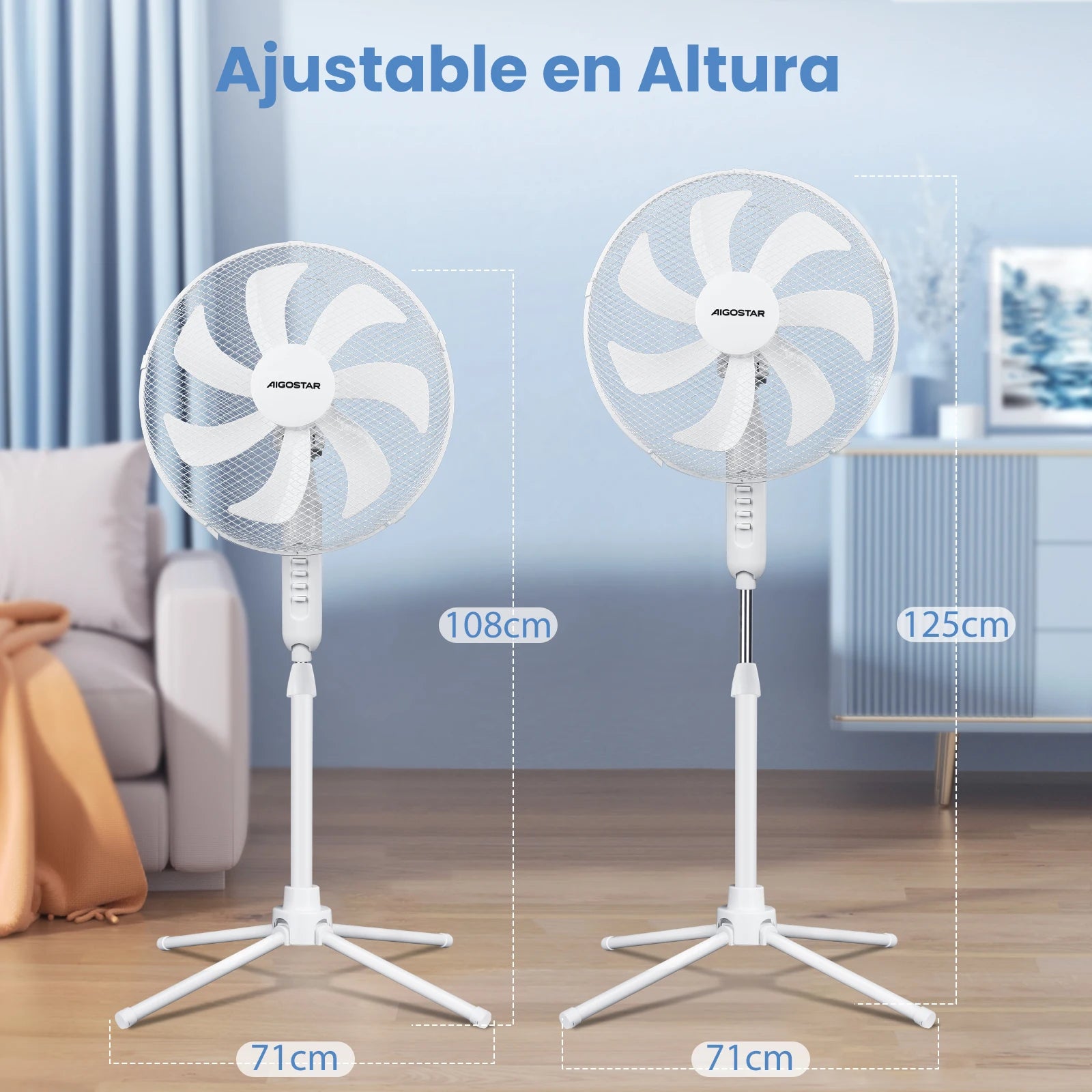 Aigostar Erika – Standventilator, 7 Flügel, 41 cm Durchmesser, 50 W, leiser Ventilator mit 75° Oszillation, 3 Geschwindigkeiten, höhenverstellbar von 108–123 cm, weiß
