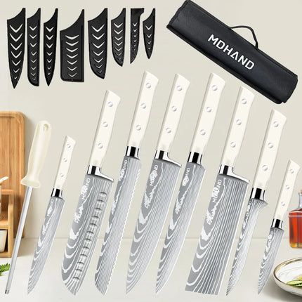 MDHAND 8 Piece Kitchen Knife Set Sharp Japanese Chef Knife, Fin Chopper, Multi-Purpose Bread Slicing Knife ABS Handle with Nylon Bag