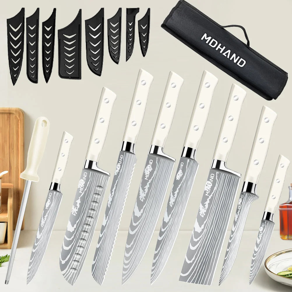 MDHAND Messerset, 8-teilig, scharfes japanisches Kochmesser, Hackbeil, Mehrzweckmesser für Brot und Scheiben, ABS-Griff mit Nylontasche