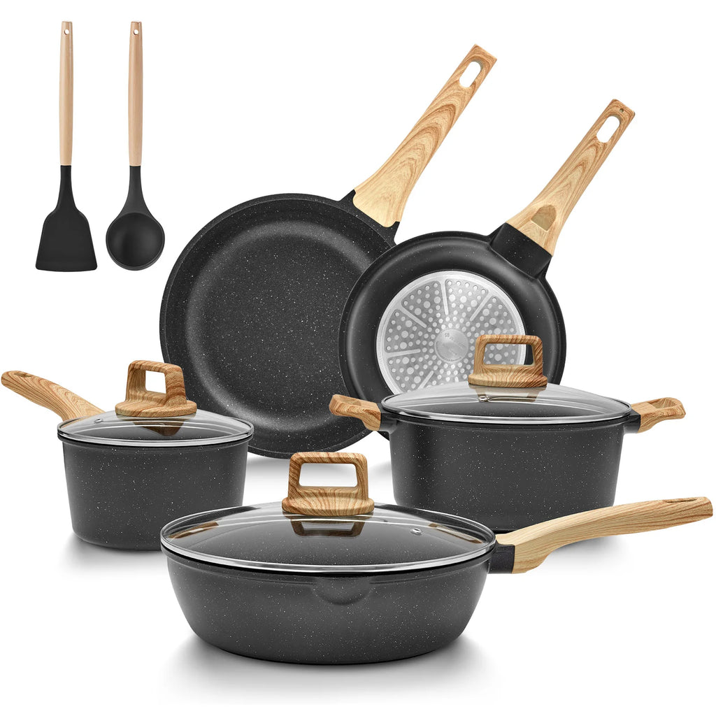 Set di padelle per piano cottura a induzione 10 pezzi, set di pentole e padelle antiaderenti, set di pentole da cucina con coperchi, granito, senza PFAS
