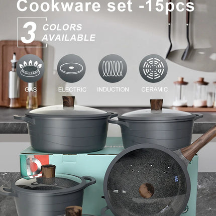 Donnor Set di pentole da 15 pezzi Serie Wave Set di pentole antiaderenti Casseruola con rivestimento in granito Utensili da cucina senza fumo