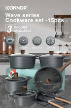 Donnor Set di pentole da 15 pezzi Set di pentole antiaderenti serie Wave Casseruola con rivestimento in granito Utensili da cucina senza fumo