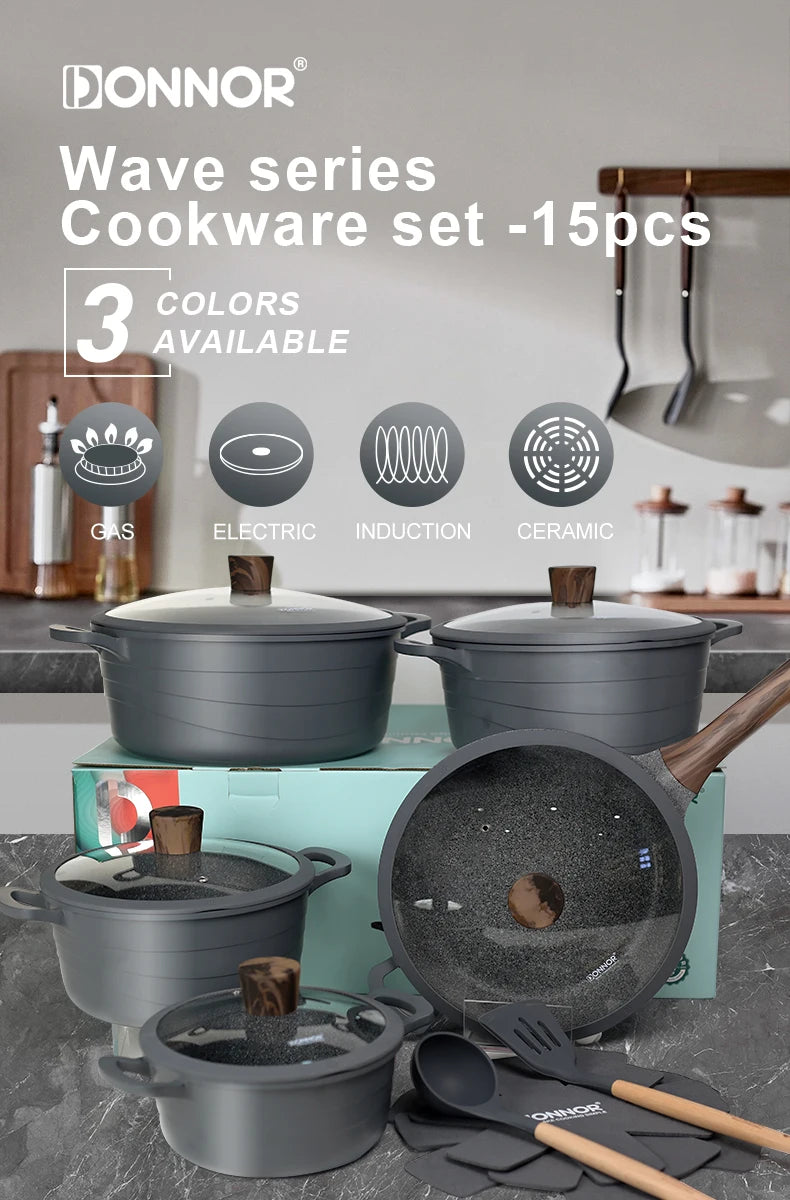 Donnor Set di pentole da 15 pezzi Set di pentole antiaderenti serie Wave Casseruola con rivestimento in granito Utensili da cucina senza fumo