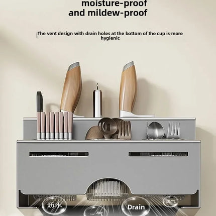 Multifunctional Kitchen Utensil Holder with Integrated Chopstick Rest, No-Drill Wall-Mounted Organizer for Knives and Utensils