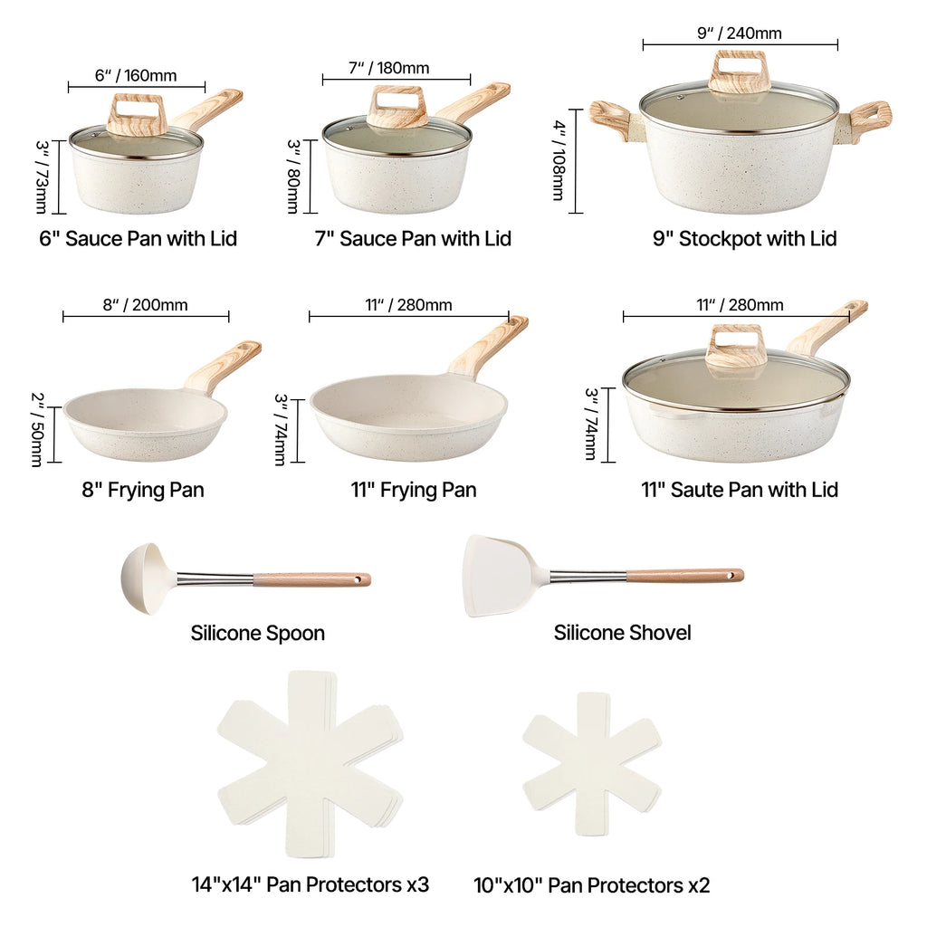 VEVOR Set di Pentole, Padelle Antiaderenti in Granito con Manico, Set di Pentole a Induzione da Cucina per Camper, con Frittura, Coperchi in Vetro Temperato, Bianco, 17 Pezzi