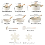 VEVOR Set di Pentole, Padelle Antiaderenti in Granito con Manico, Set di Pentole a Induzione da Cucina per Camper, con Frittura, Coperchi in Vetro Temperato, Bianco, 17 Pezzi