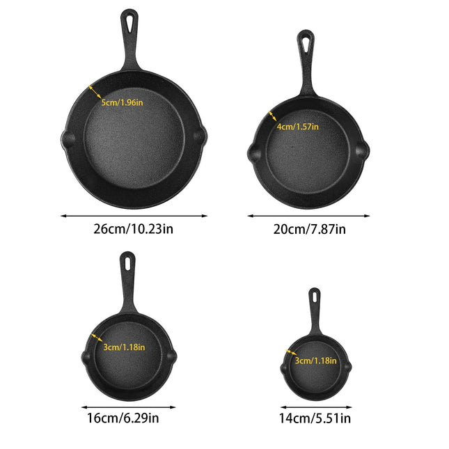 Cast Iron Skillet Set, 4 Pcs Non-Coated Nonstick Pans with Handles, 14/16/20/26cm, for Frying, Baking, Roasting, and Hot Boiling.