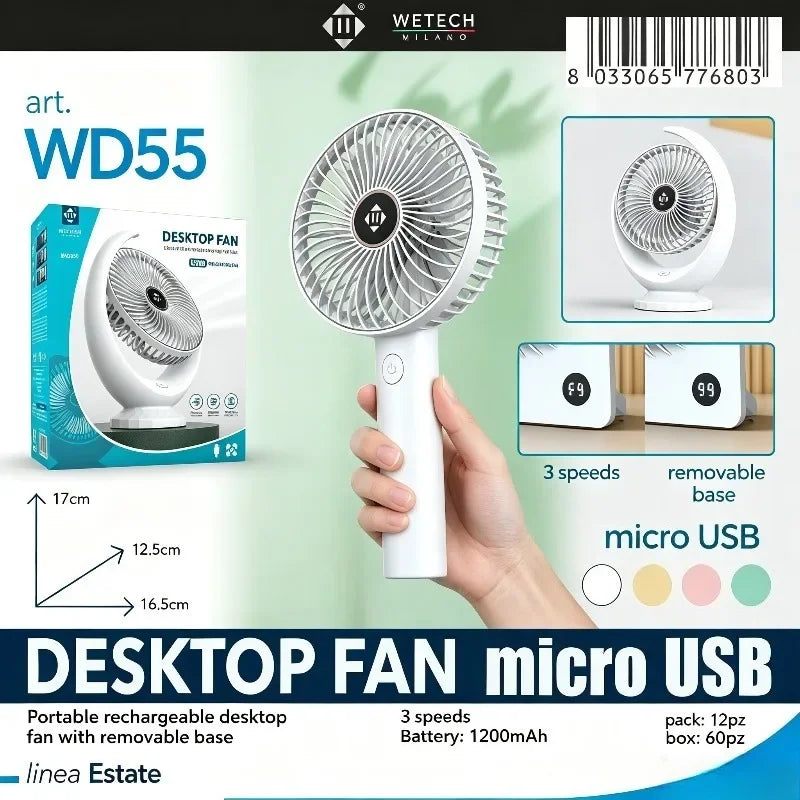 WETECH Ventilatore portatile piccolo, ventilatore da tavolo ricaricabile tramite USB, ventilatore personale silenzioso a 3/5 velocità per studio e ufficio