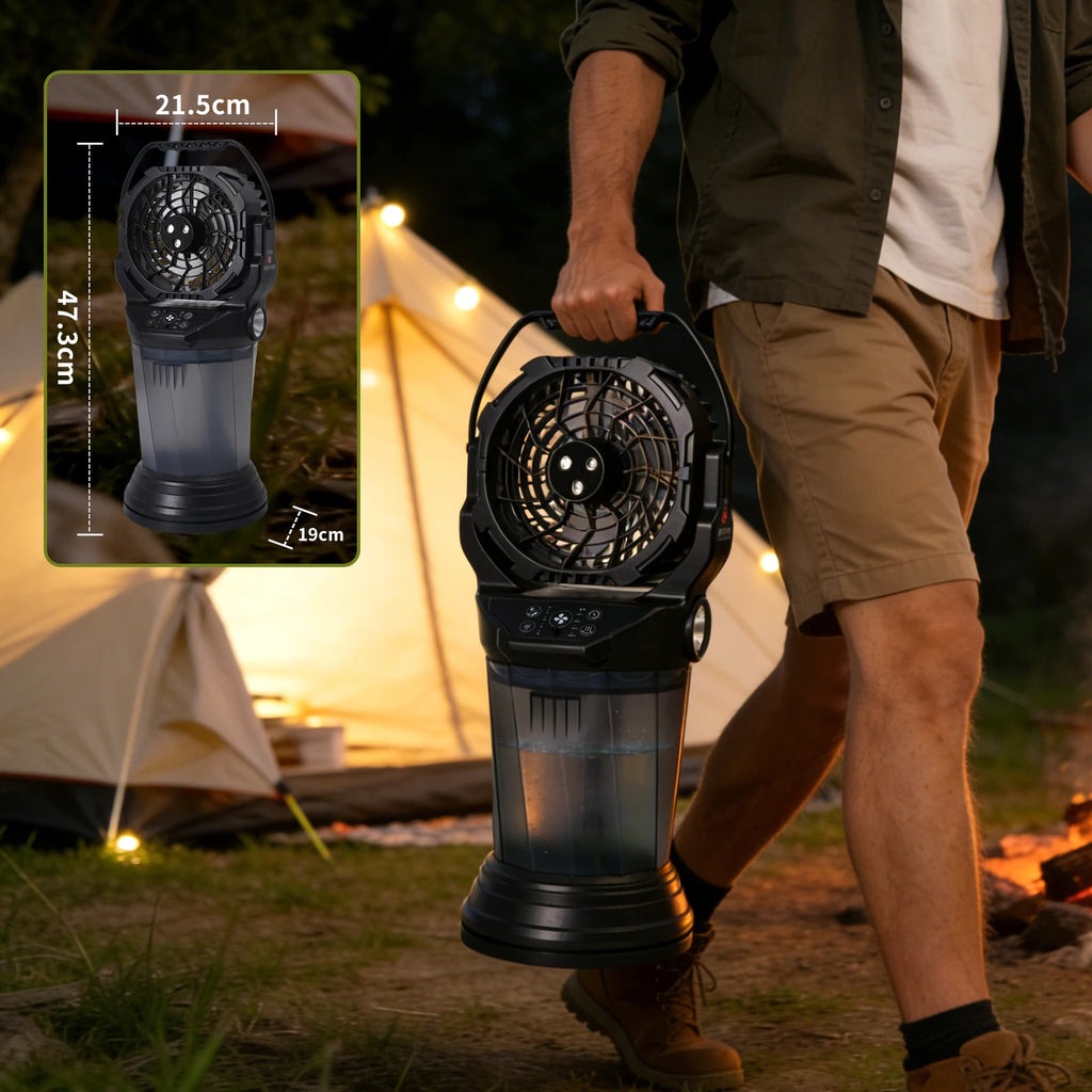 Ventilatore Nebulizzatore da Campeggio Esterno Nero 15000mAh Serbatoio da 2000ml Motore Brushless 90 °   Torcia portatile con luce RGB oscillante