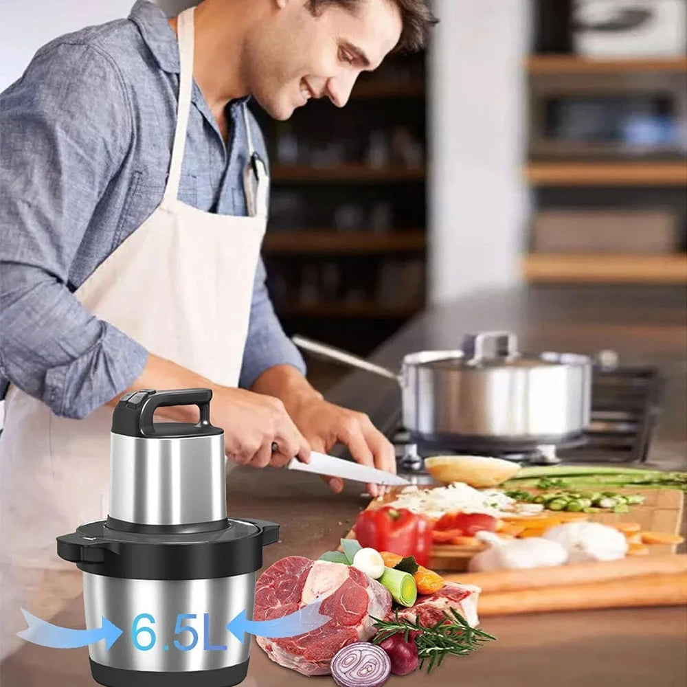 Fleischwolf Küchenmaschine Edelstahl 1500W 6.5L, 3 Geschwindigkeiten, Leistungsstarker Motor, 4-Schicht-Klinge, Zerkleinerer für Gemüse, Zwiebeln und Knoblauch