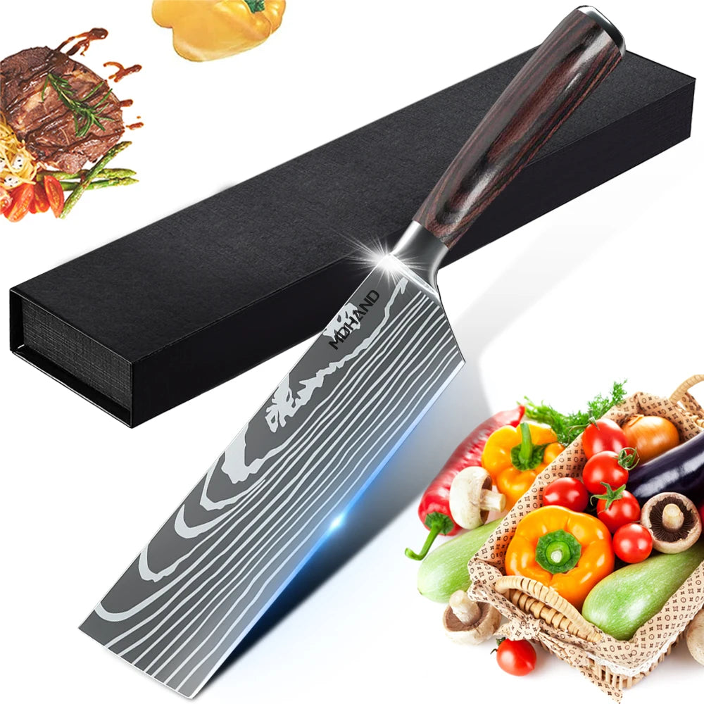 ZENG Professionelles 7-Zoll-Kochmesser – ultrascharf und langlebig, Edelstahl mit Holzgriff und lasergravierter Damast-Optik, mit Geschenkbox