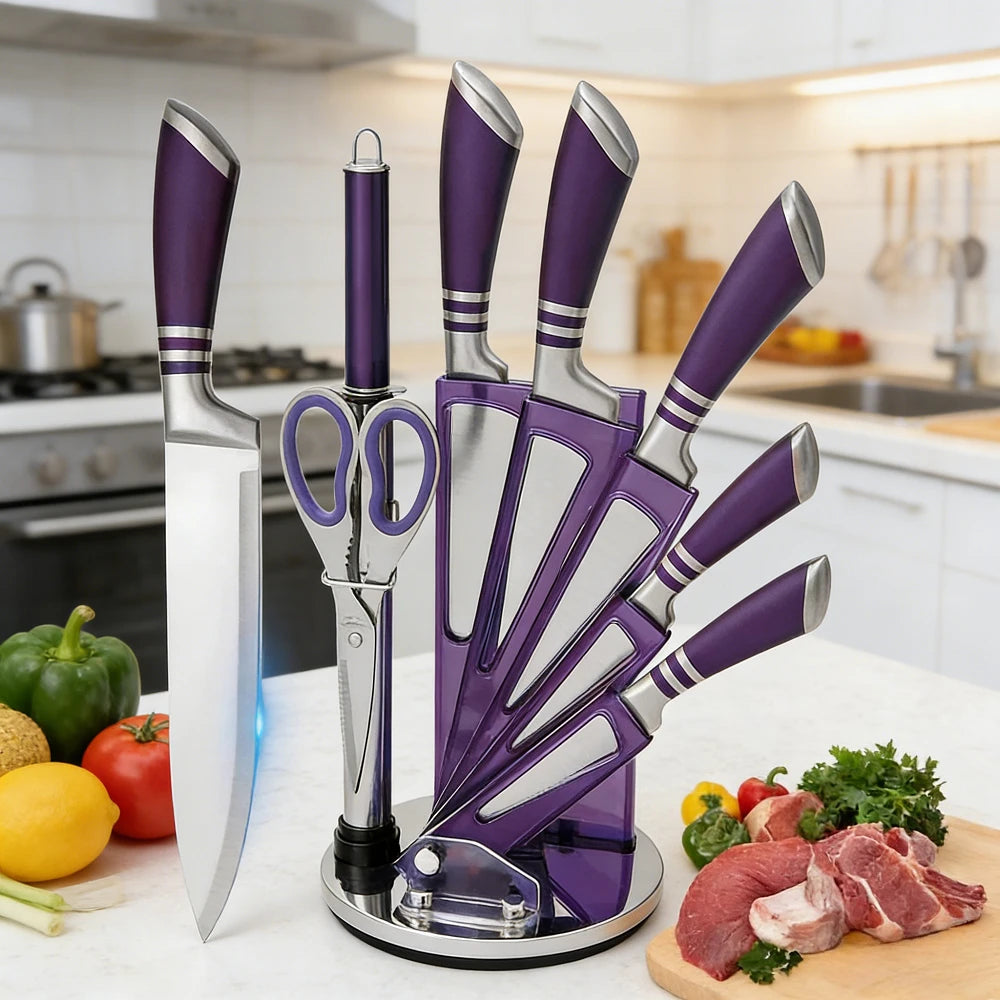 9-teiliges lila Küchenmesserset, scharf und verschleißfest, aus 3CR13-Edelstahl, mit ergonomischem Hohlgriff, Chefmesser-Set mit Geschenkverpackung