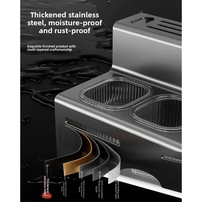 Porta Utensili da Cucina Multifunzionale con Porta Bacchette Integrato, Organizzatore da Parete Senza Foratura per Coltelli e Utensili