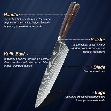 Set of 5 kitchen knives with laser Damask pattern, 7Cr17 steel, sharp, rust-resistant, wooden handle, gift box with fastening strap