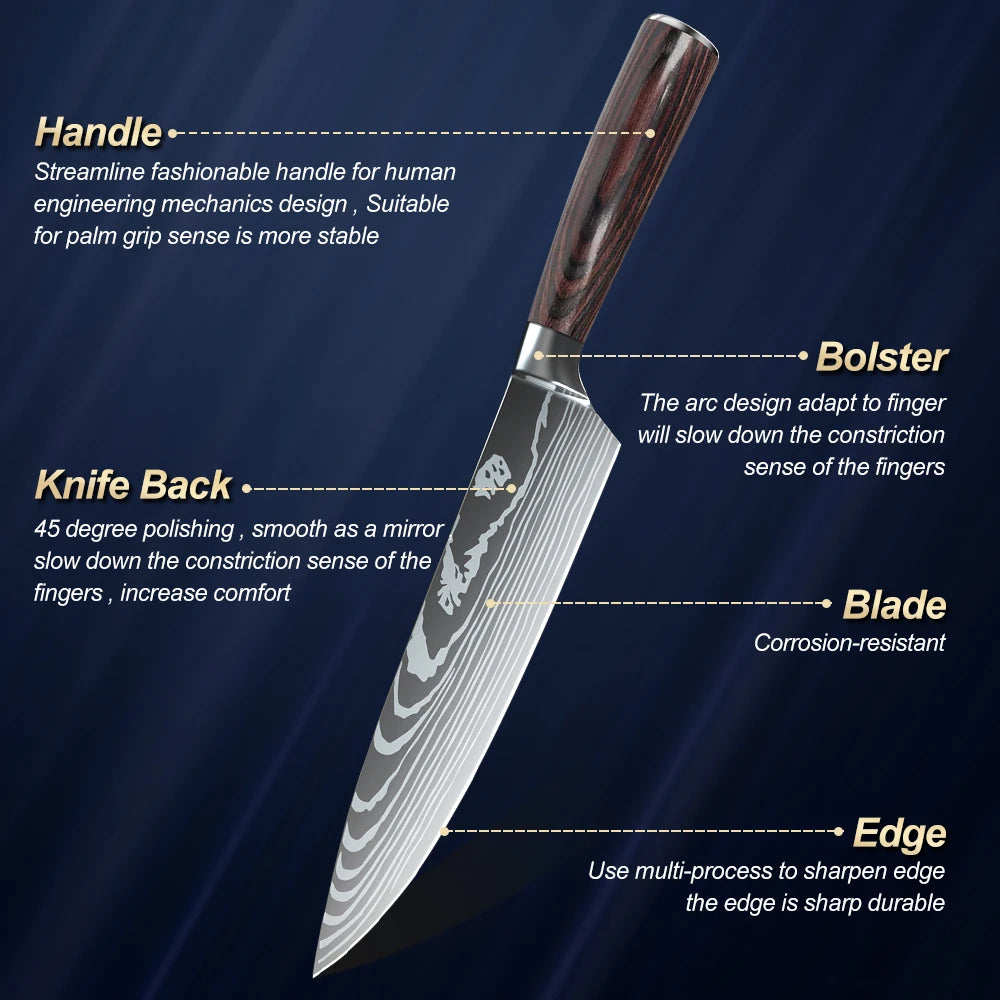 5-teiliges Küchenmesserset mit lasergeätztem Damastmuster, 7Cr17-Stahl, scharf, rostbeständig, Holzgriff, Geschenkbox mit Befestigungsgurt