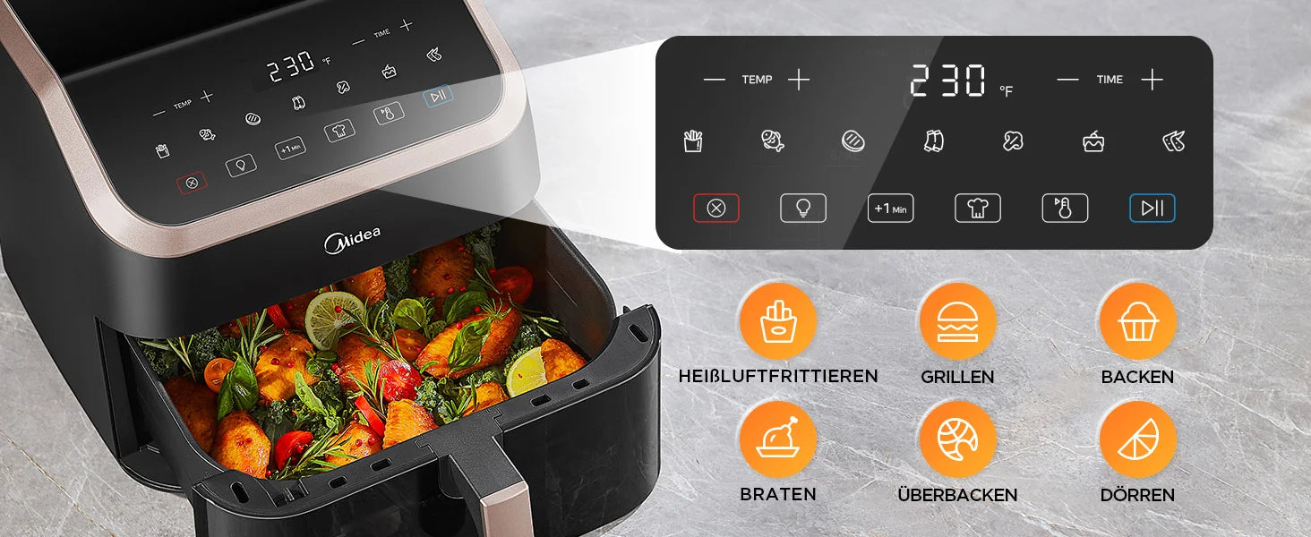 Midea XXL Heißluftfritteuse 8,5 L - 8-in-1, mit Sichtfenster, bis zu 200°C, ölfrei, spülmaschinenfest, Schwarz/Roségold.