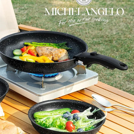 MICHELANGELO Set Padelle Antiaderenti con Manico Rimovibile, Rivestimento in Granito, Padelle Atossiche per Bistecche, Omelette, Adatte al Forno
