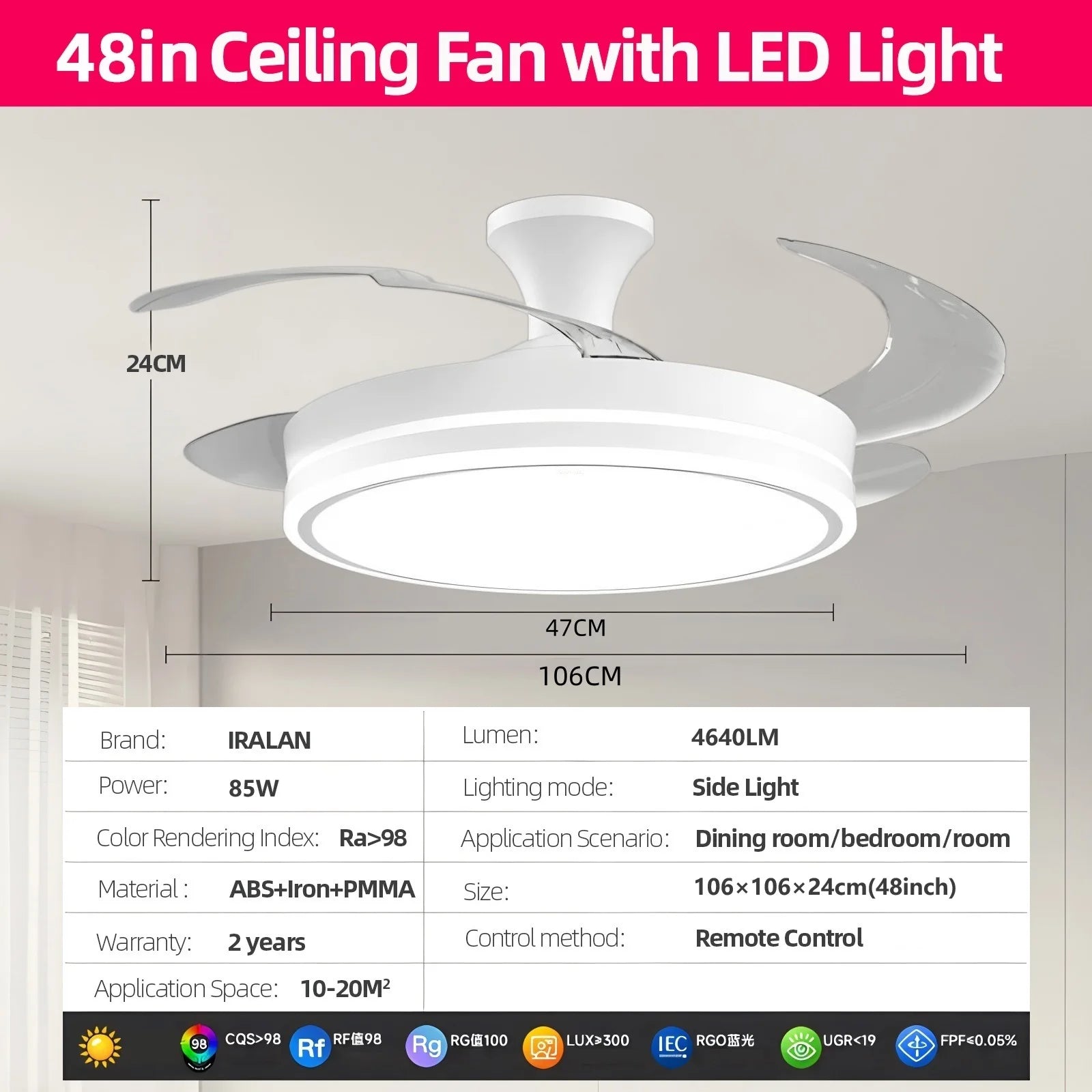 Ventilatore da Soffitto Moderno con Luce LED e Telecomando, 3 Colori Cambiabili, Pale Invisibili, Silenzioso, Decorazione Camera da Letto, Consegna Rapida da Magazzino Locale in Polonia