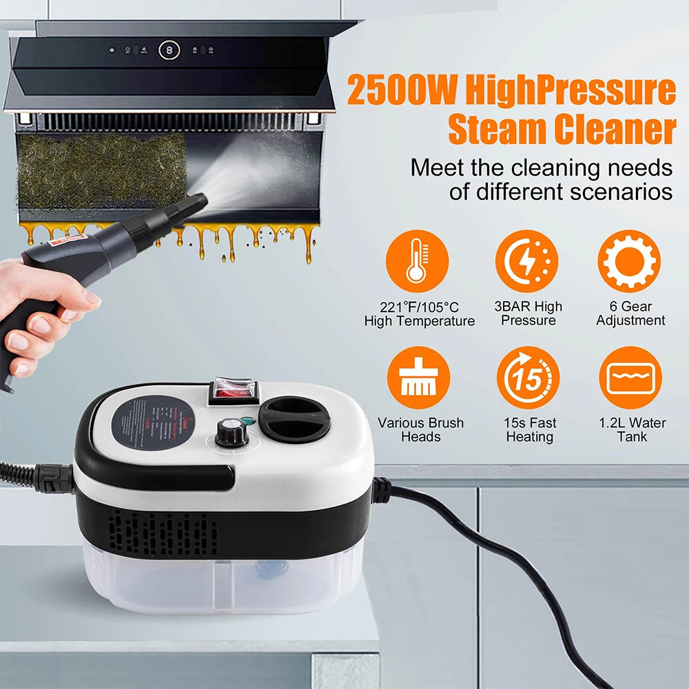 Podofo Tragbarer Dampfreiniger 2500W, Hochtemperatur-Dampfgerät für Klimaanlagen, Dunstabzugshauben und Autos, mit 1,2L Tank