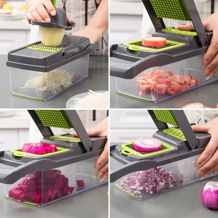 Tritatutto per verdure multifunzionale 14/16 in 1, tritatutto per cipolla con manico, griglia per alimenti, tritatutto per alimenti, affettatrice per verdure, dicer, taglio