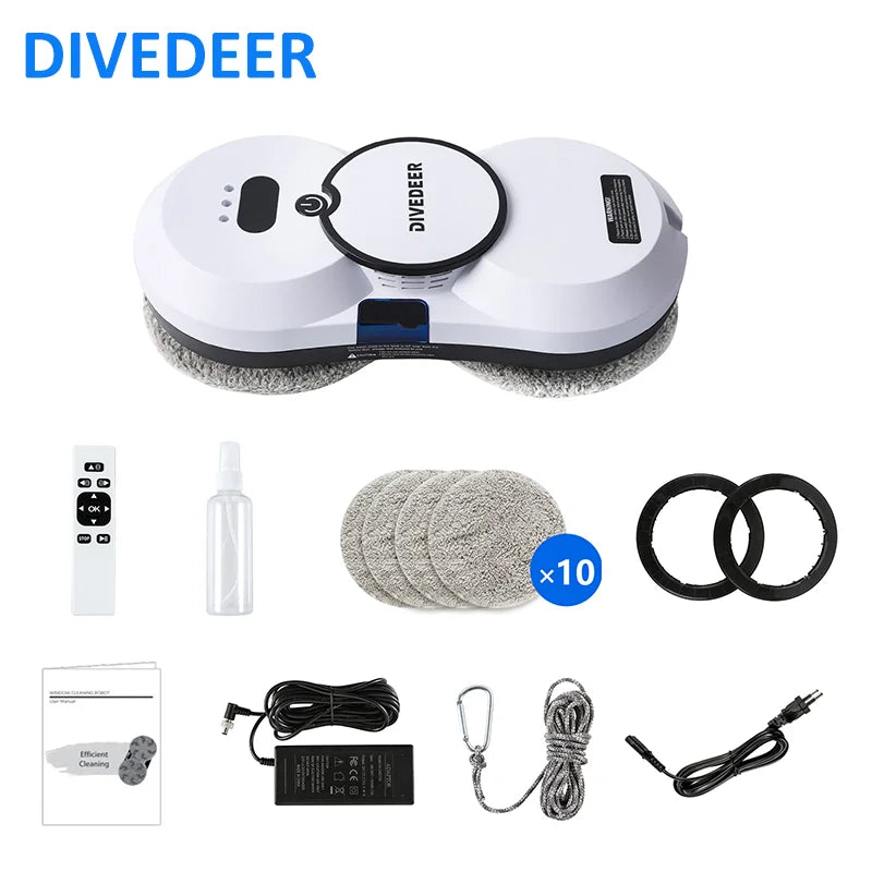 DIVEDEER Fensterputzroboter mit intelligentem Wasserspray, elektrischer Glasreiniger mit hoher Saugkraft, doppelseitiger Glasstaubsauger