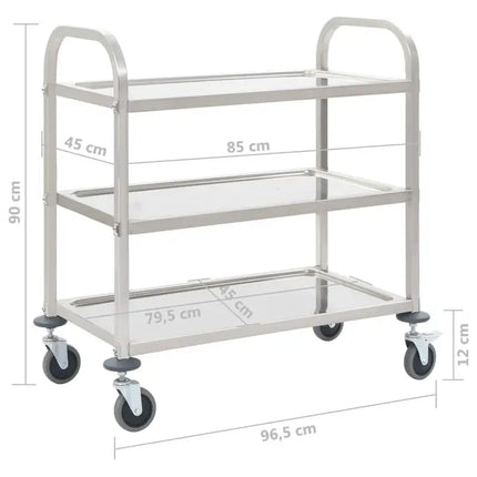 3-Tier Kitchen Cart, 96.5x55x90 cm, Stainless Steel Material, Solid and Stable Frame, Large Storage Capacity, Smooth-Rolling Wheels, Space-Saving, Easy to Assemble, for Home Use, Restaurants, Hotels