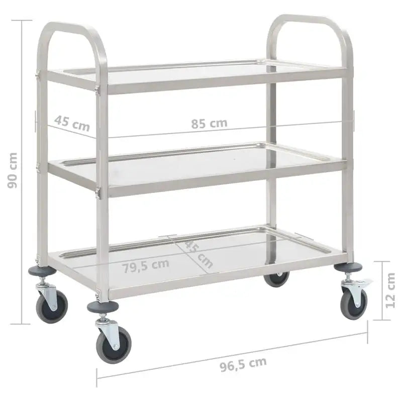 Carrello da Cucina a 3 Ripiani, 96,5x55x90 Cm, Materiale in Acciaio Inossidabile, Telaio Solido e Stabile, Grande Capacità di Stoccaggio, Ruote Scorrevoli, Salvaspazio, Facile da Montare, per Uso Domestico, Ristoranti, Hotel