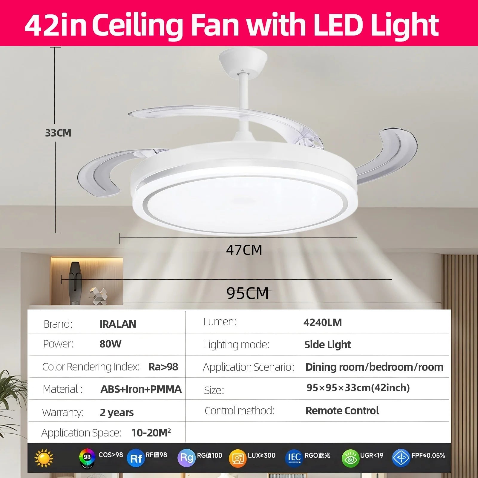 Ventilatore da Soffitto Moderno con Luce LED e Telecomando, 3 Colori Cambiabili, Pale Invisibili, Silenzioso, Decorazione Camera da Letto, Consegna Rapida da Magazzino Locale in Polonia