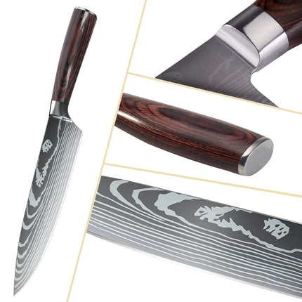 Set of 5 kitchen knives with laser Damask pattern, 7Cr17 steel, sharp, rust-resistant, wooden handle, gift box with fastening strap