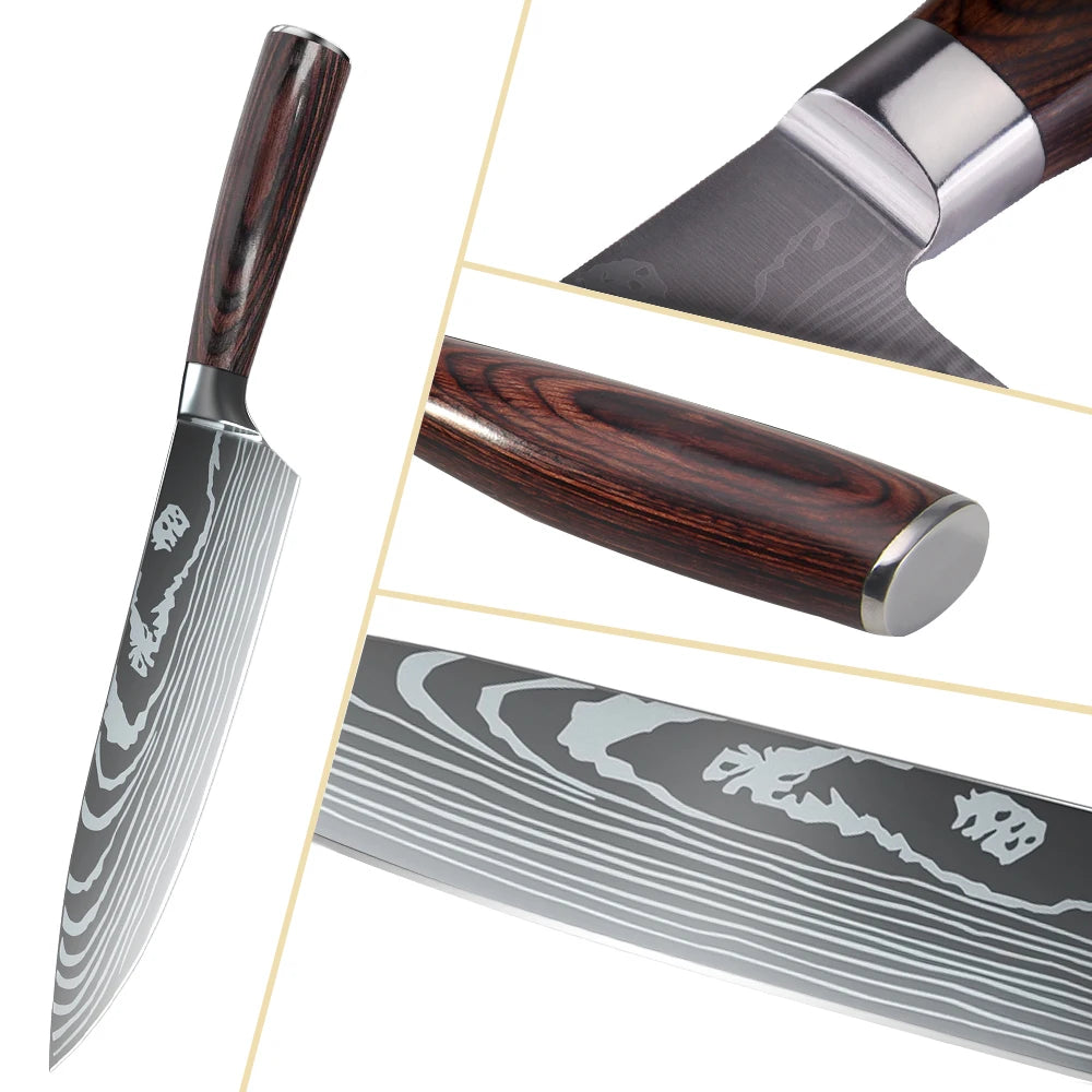 5-teiliges Küchenmesserset mit lasergeätztem Damastmuster, 7Cr17-Stahl, scharf, rostbeständig, Holzgriff, Geschenkbox mit Befestigungsgurt